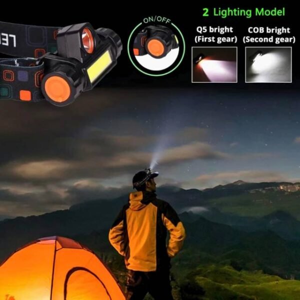 Waterproof headlamp showing Q5 bright and COB bright light modes.