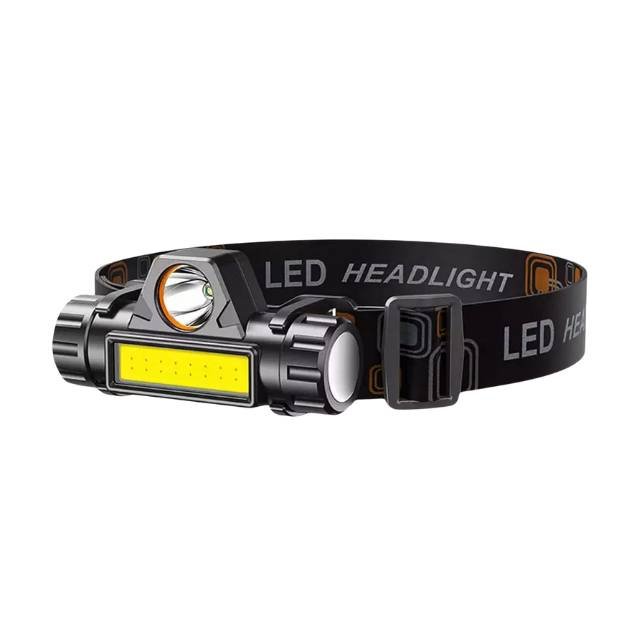 Waterproof headlamp with adjustable strap and 2 light modes on white background.