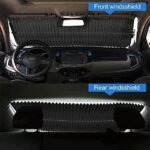 Car sunshade curtain applied to both front and rear windshields.