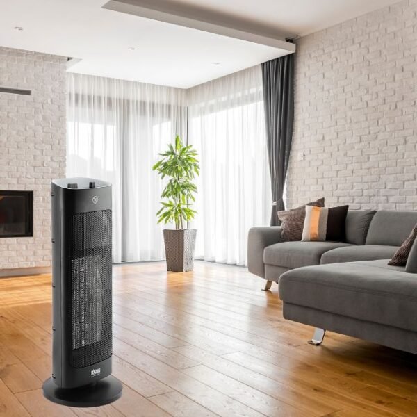 DSP tower fan heater in a living room for cozy and comfortable spaces.
