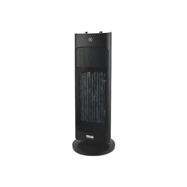 DSP tower fan heater in black with 80-degree oscillation and 2 heat settings for cozy winters.