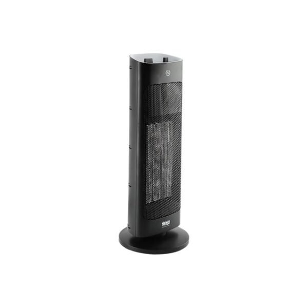 DSP tower fan heater in black with a modern design and compact build for any room.