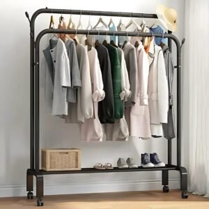 Double Pole Coat Rack with Shoe Shelf and Wheels, Metal Design