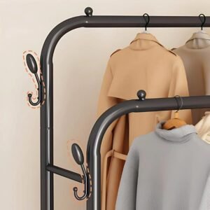 Double Pole Coat Rack with Shoe Shelf and Wheels, Metal Design