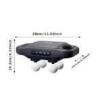 Handheld massage gun with compact design measuring 13.1 x 28 x 16.2 cm.