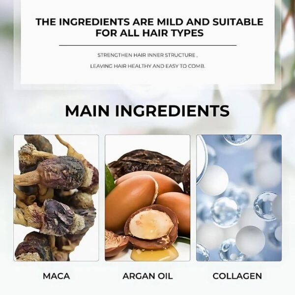 Key ingredients in Karseell hair conditioner including maca, argan oil, and collagen.