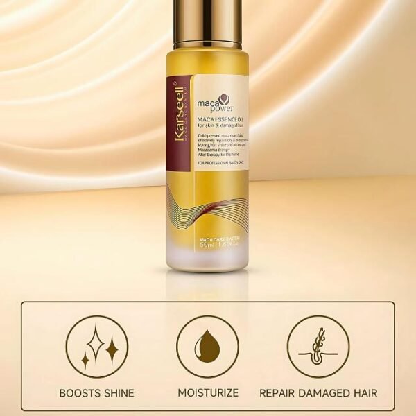 Top benefits of Karseell Maca Essence oil, including shine boost, moisturizing, and repair.