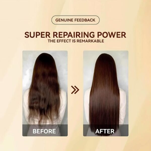 Before and after results of Karseell Maca Essence oil, showing silky, smooth hair transformation.