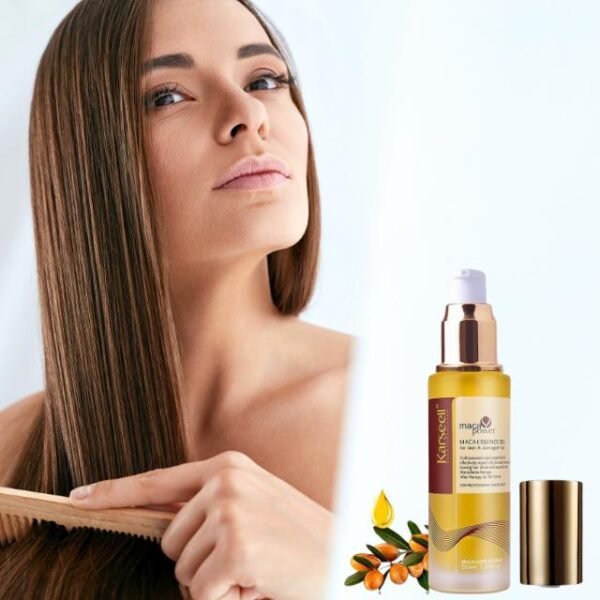 Woman combing her silky hair after using Karseell Maca Essence oil.