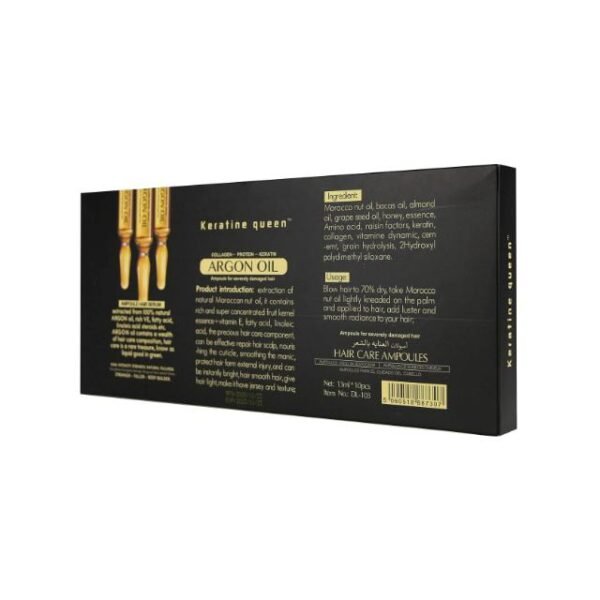 Keratine Queen ampoule package label highlighting argan oil and keratin.