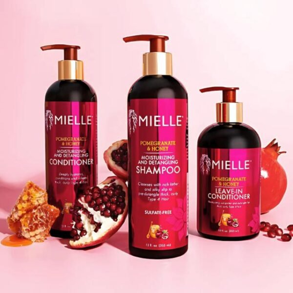 Mielle shampoo, conditioner, and leave-in conditioner with pomegranate and honey.