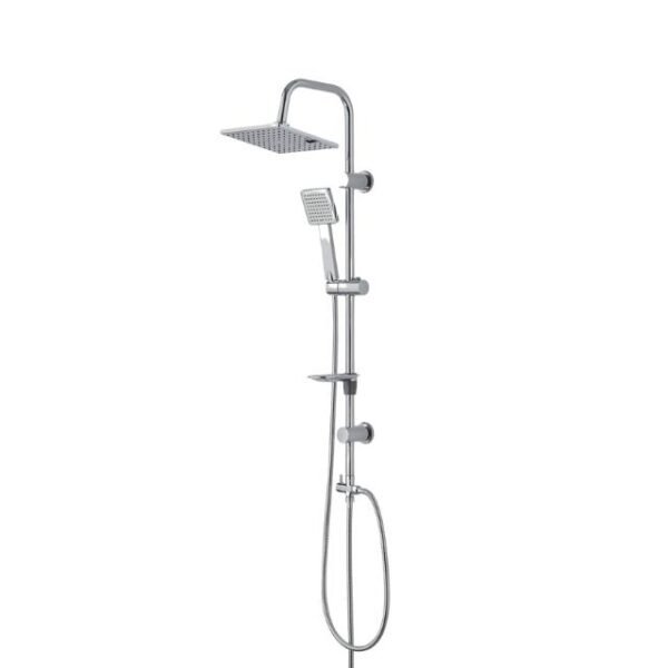 Modern shower set with stainless steel body and five spray patterns.