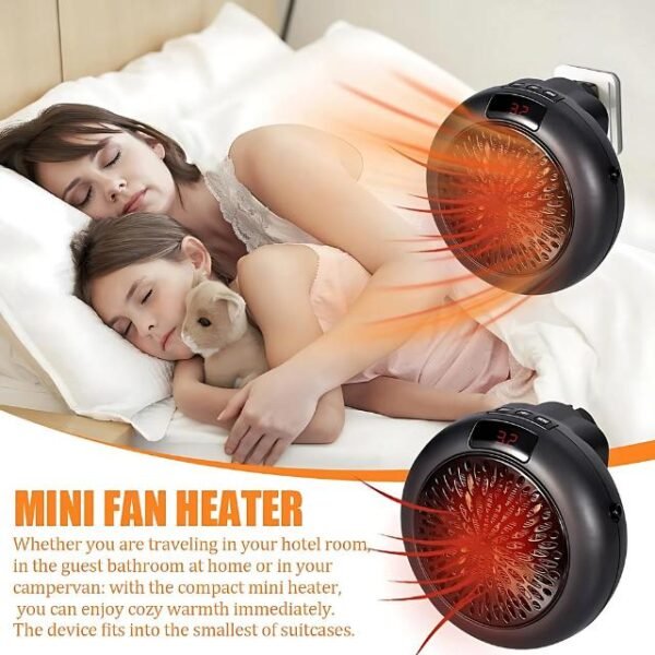 Mom and daughter using plug-in heater for cozy warmth during travels.