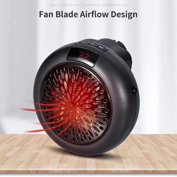 Plug-in space heater with fan blade airflow design and temperature display panel.