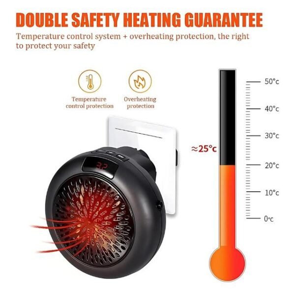 Plug-in space heater with automatic temperature control and double safety guarantee.