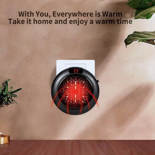 Plug-in space heater for home and travel use with quick heating in 3 seconds.