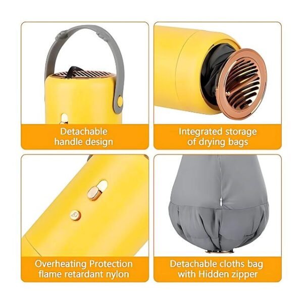 Portable clothes dryer with detachable handle, storage bag, and overheating protection.