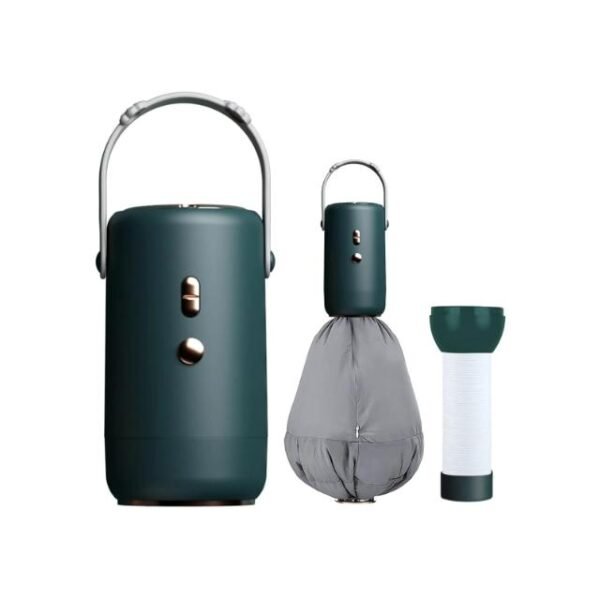 Portable clothes dryer in green with drying tube on white background.