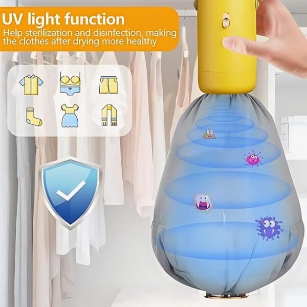 Portable clothes dryer with UV sterilization function for bacteria-free drying.