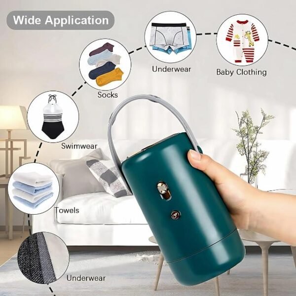 Portable dryer for drying towels, socks, swimwear, and baby clothing.