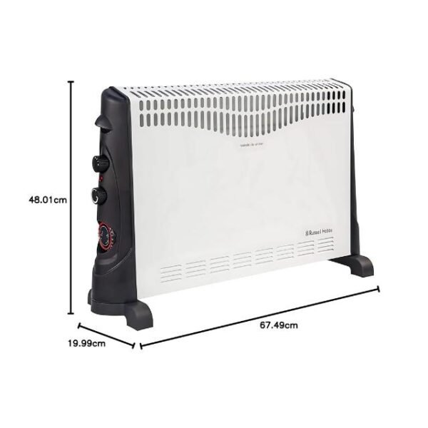 Russell Hobbs convection heater dimensions 67.5 x 20 x 48 cm, weight 3.88 kg.