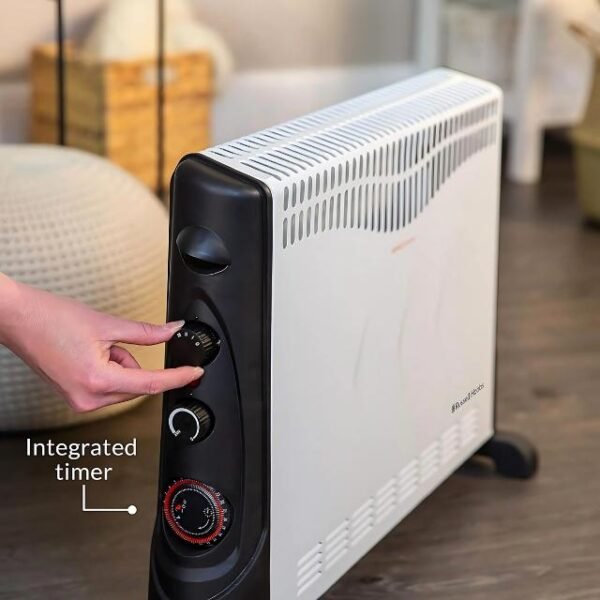 Russell Hobbs convection heater with timer and frost protection features.