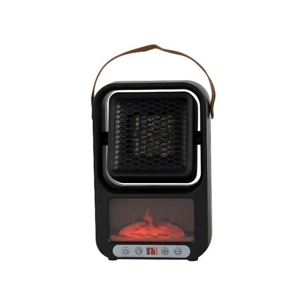 Black 3D flame heater with carry handle and adjustable air vent.