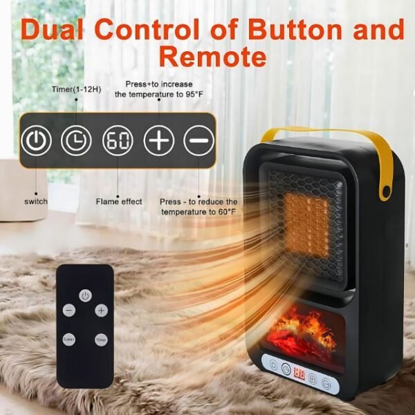 3D flame heater remote for adjusting temperature, timing, and flame.