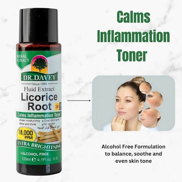 Dr. Davey licorice root toner is alcohol-free and brightens skin tone.