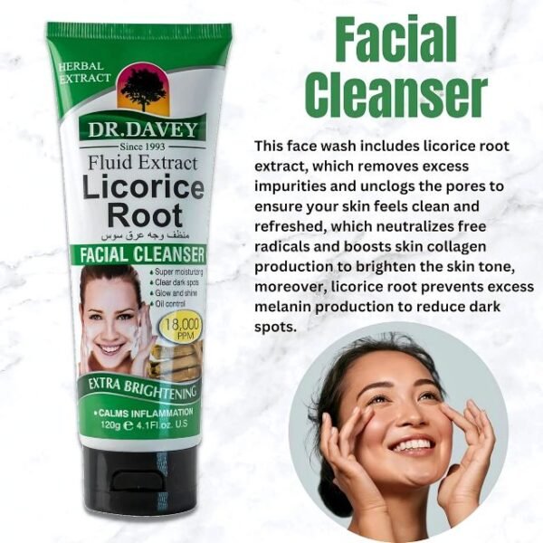 Dr. Davey facial cleanser with licorice root extract for brighter and whiter skin.