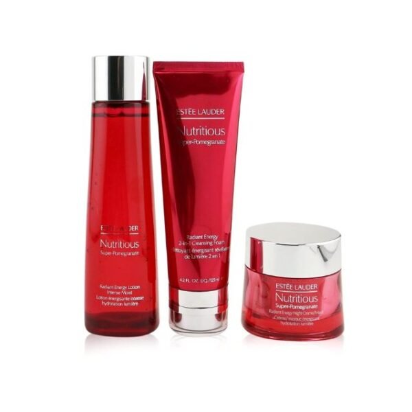 Estée Lauder Pomegranate Overnight Radiance Skin Collection showcasing cleansing foam, lotion, and night cream mask arranged on a white background.