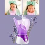 Woman using hot mist facial steamer as part of daily skincare routine.