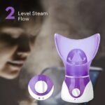 Woman using hot mist facial steamer with adjustable steam levels.