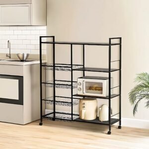 Kitchen Storage Cart with 3 Metal Shelves & 4 Veggie Baskets