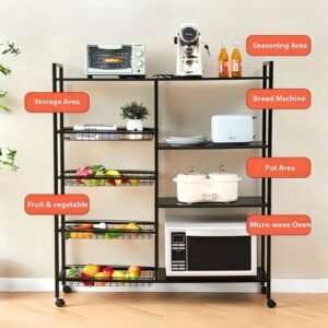 Kitchen Storage Cart with 3 Metal Shelves & 4 Veggie Baskets