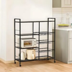 Kitchen Storage Cart with 3 Metal Shelves & 4 Veggie Baskets