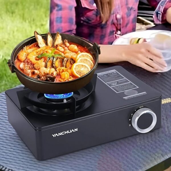 Family eating food cooked on a modern camping stove outdoors.