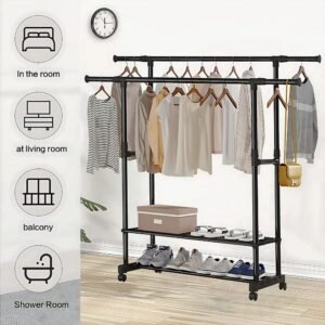 Portable Clothes Rack with Adjustable Rods and Shoe Shelves