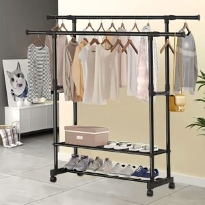 Portable Clothes Rack with Adjustable Rods and Shoe Shelves