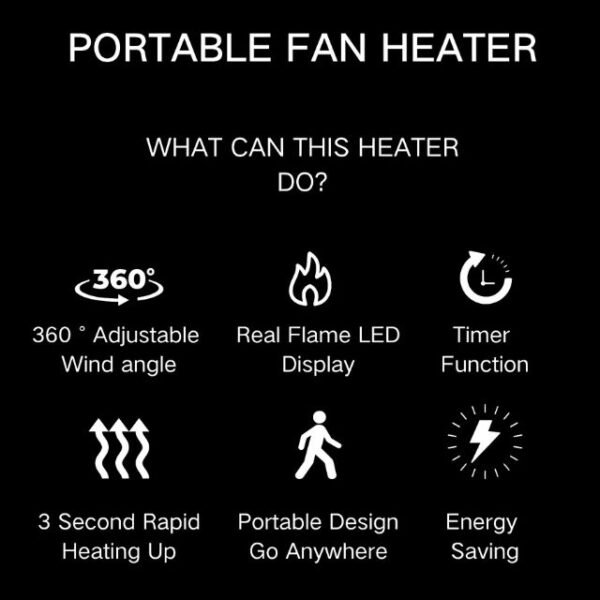 3D flame heater with adjustable wind angle and 12-hour timer.