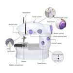 Portable sewing machine with thread cutter, take-up lever, and more features.