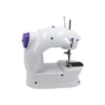 Side view of portable sewing machine with sleek white finish.