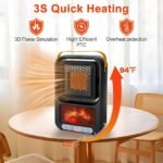 3D flame heater with 3-second quick heating and overheat protection.