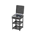 Sokany gas cooker stove with four burners, stainless steel finish, and storage trays.