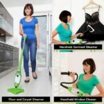 Woman using X5 steam cleaner for floors, garments, and windows.