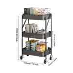 Rolling storage cart with labeled dimensions, holding boxes and supplies, demonstrating size and versatility.
