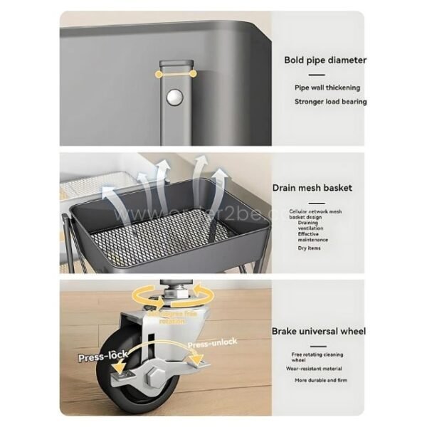 Utility cart features bold pipe frame, mesh baskets, and locking wheels, designed for durability and functionality.