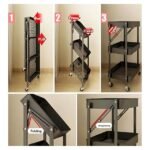 Step-by-step assembly guide for unfolding and locking a 3-tier cart, including close-ups of key mechanisms.