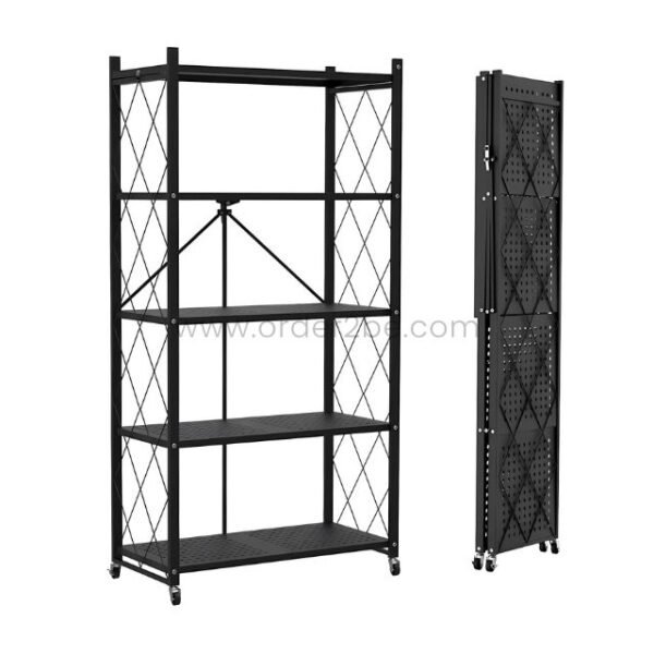 Black metal 5-tier storage rack shown in folded and assembled states.