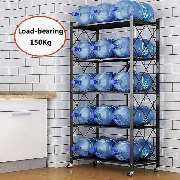 Metal 5-tier rack holding large water bottles, with "Load-bearing 150Kg" label and wheels.